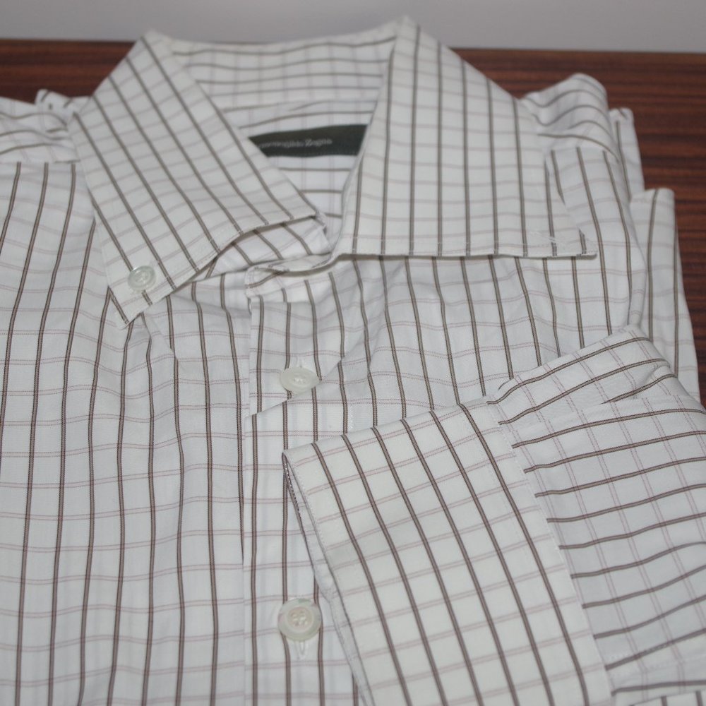 Ermenegildo Zegna Cotton Blend White Checked Long Sleeve  Shirt Size:L